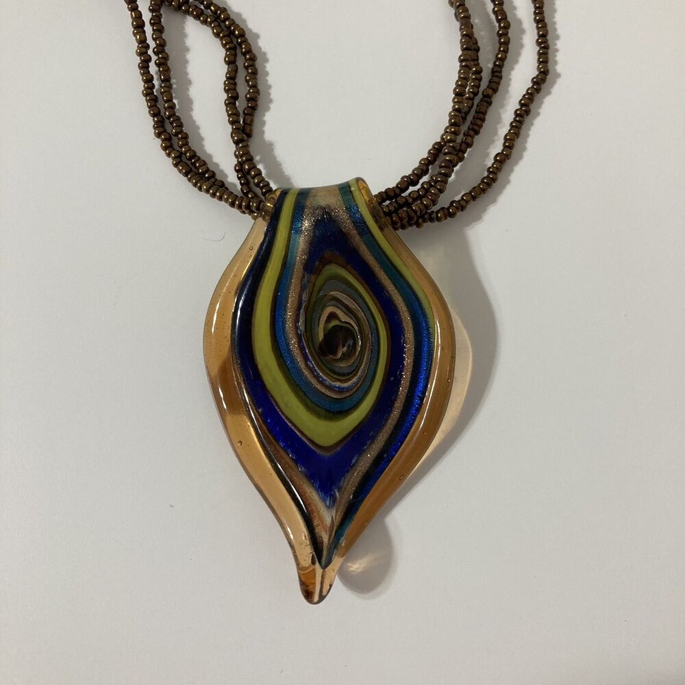 Glass Seed Bead Pendant Necklace Copper Foil Swirl Murano Style Brown Blue